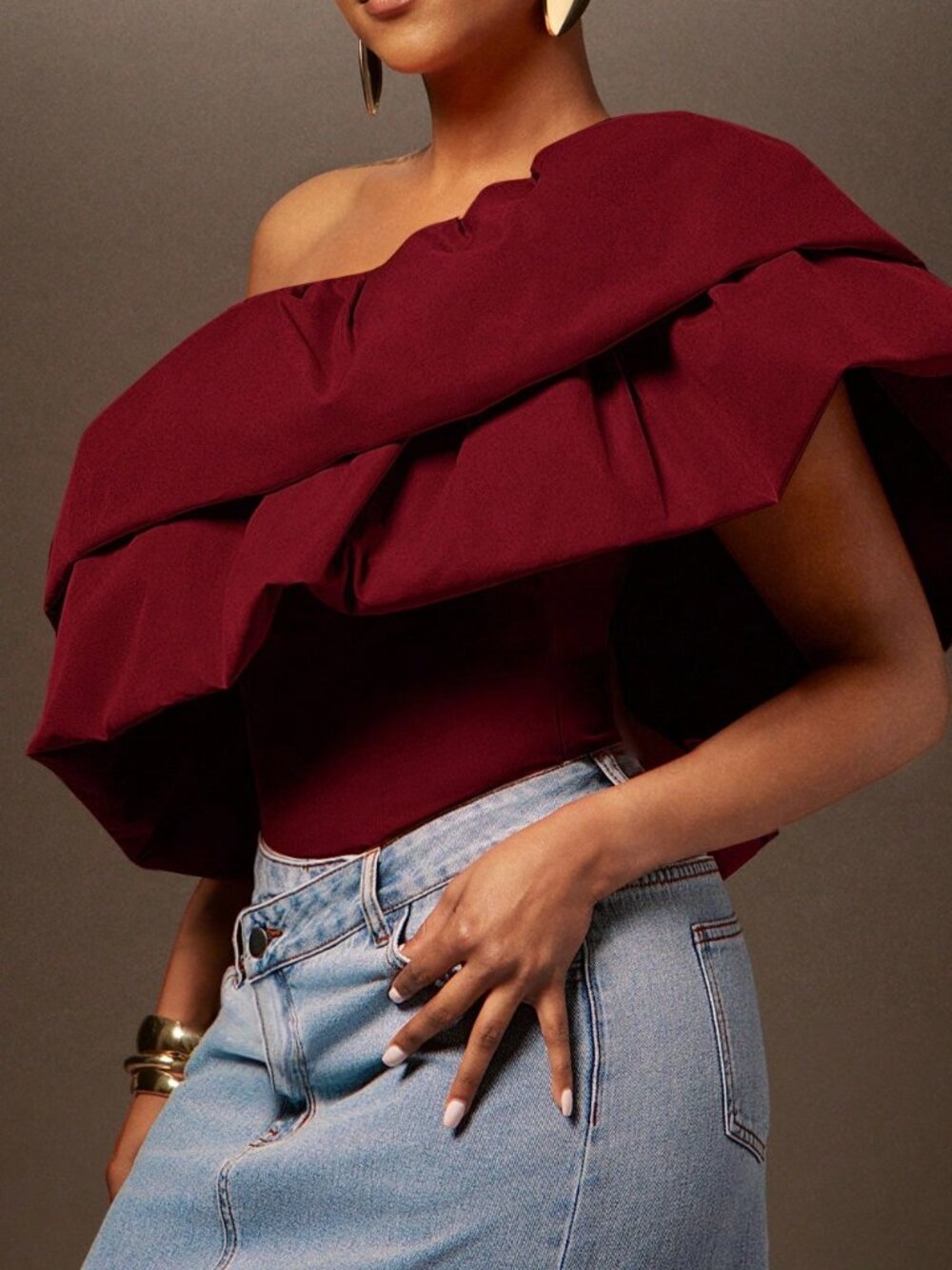 Burgundy Casual Women's Woven One Shoulder Double Ruffle Blouse
